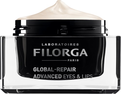 En svart burk med FILORGA-ansiktskräm med vit text, innehållande avancerad ögon- och läppreparationsformel.