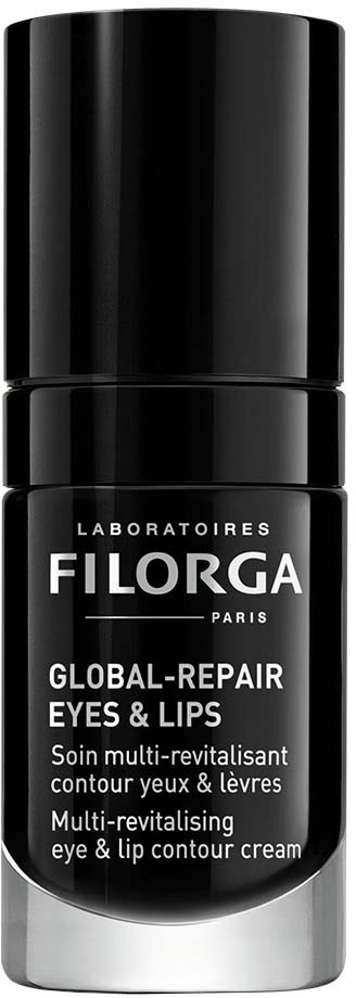 En sort, sylindrisk flaske med hvit og sølv tekst for øye- og leppkrem fra Filorga. Den sier 'Global-Repair Eyes & Lips.'