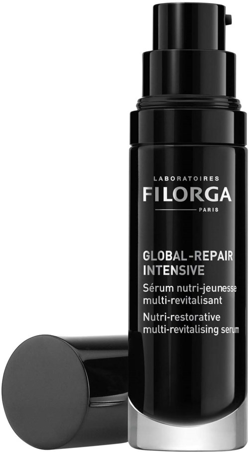 En svart flaska med pump, märkt 'Filorga Global-Repair Intensive Serum', används för hudvård. Locken är placerad bredvid flaskan.