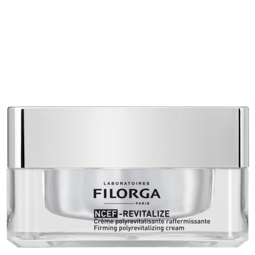 A jar of Filorga NCEF-Revitalize firming cream with a clear glass container and white lid, label details in black text.