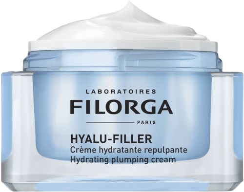 En burk med Filorga Hyalu-Filler återfuktande kräm med vitt lock och blå etikett.