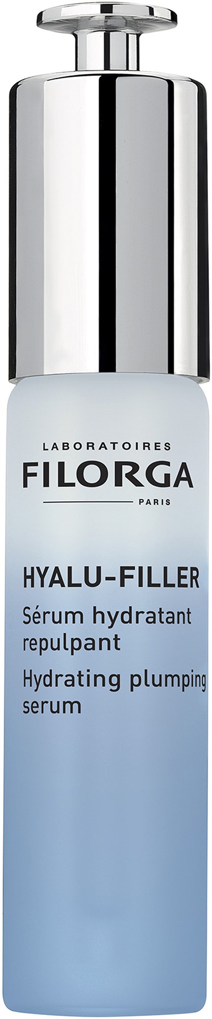 Ett blått fuktgivande serum i en elegant flaska med silverlock, märkt 'HYALU-FILLER' av FILORGA.