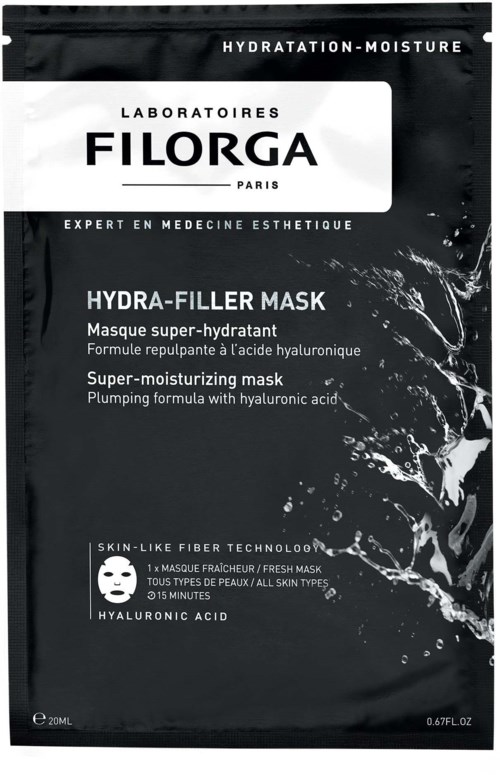 Valkoinen ja musta kasvonaamio pakkauksessa 'Filorga Hydra-Filler Mask' ja vesipisara-kuvitus sekä tiedot sen kosteuttavista ominaisuuksista.