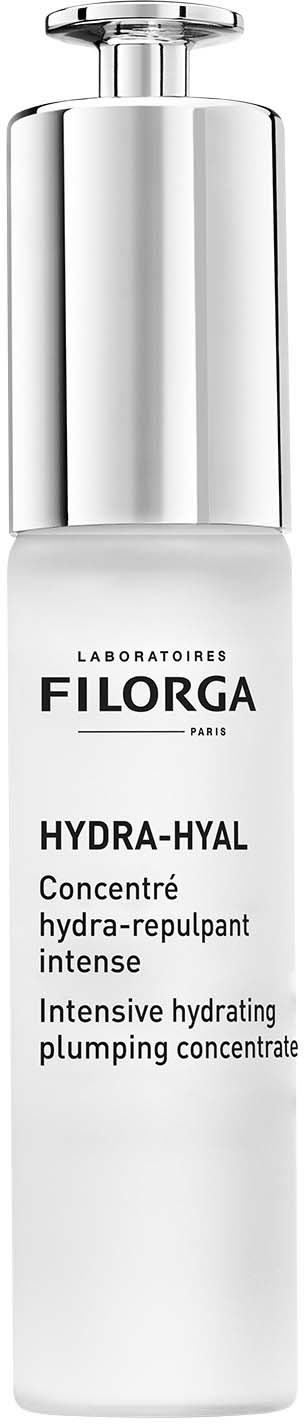 En hudvårdsflaska med silverlock och vit kropp, märkt Hydra-Hyal, avsedd för intensiv återfuktning.