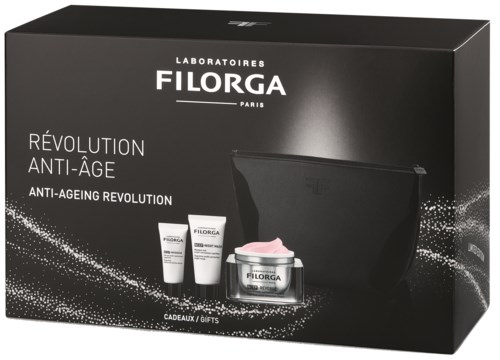 En svart boks med hudpleieprodukter, inkludert rør og et krukke, fra Filorga Paris, relatert til anti-aldring, med reiseveske.