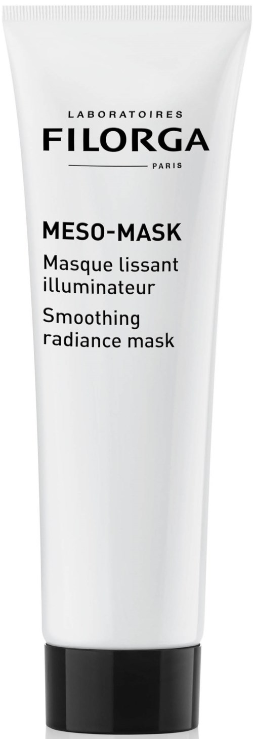 En vit tub märkt 'Filorga Meso-Mask' med svart text, används för hudvård, ser elegant och enkelt ut.