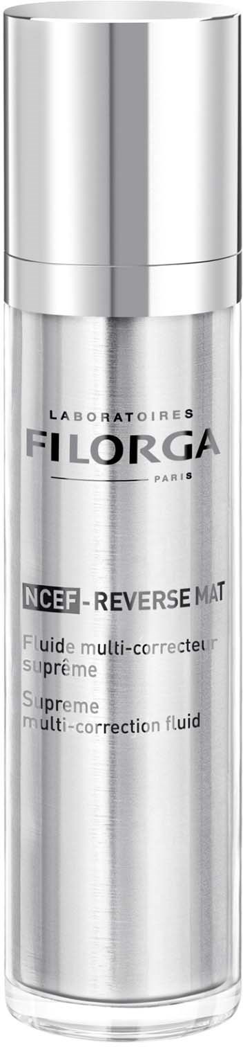 En sølvfarget flaske med pumpe, merket "Laboratoires Filorga" og "NCEF-Reverse Mat" for hudpleie.