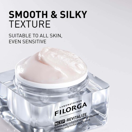 Text describes a skincare product that is smooth and silky, suitable for all skin types, even sensitive skin.