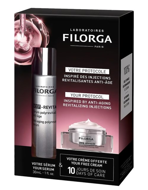 Filorga serum og krem i svarte pakninger med rosa detaljer, fremmer anti-aldring og foryngende behandlinger, 10 dagers omsorg.