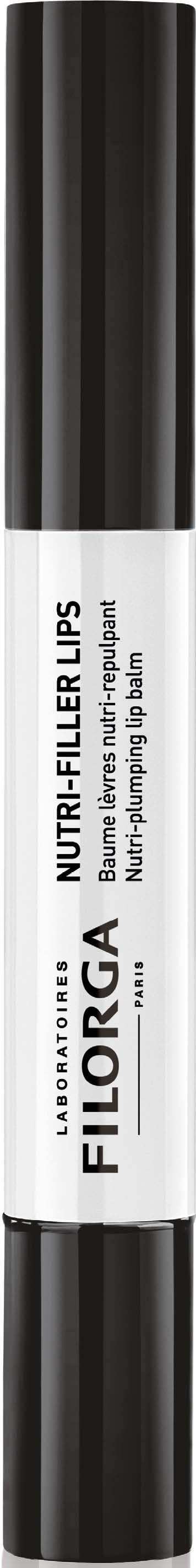 En vit cylindrisk produkt med svarta lock och text, märkt "Fiorica Nutri-Filler Lips."