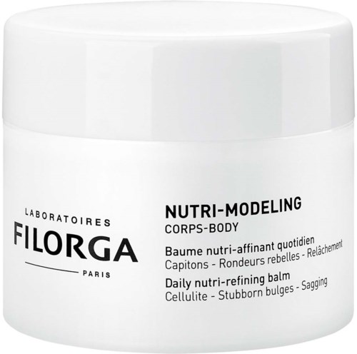 En hvit krukke med Nutri-Modeling kroppsbalm for cellulitter og svaktel hud, merket med merke og formål.