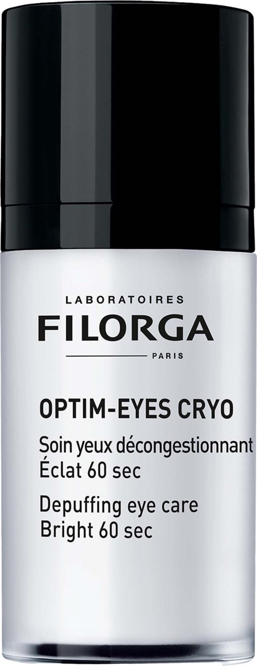 A white and black bottle of Filorga Optim-Eyes Cryo brightening eye care with a black cap.