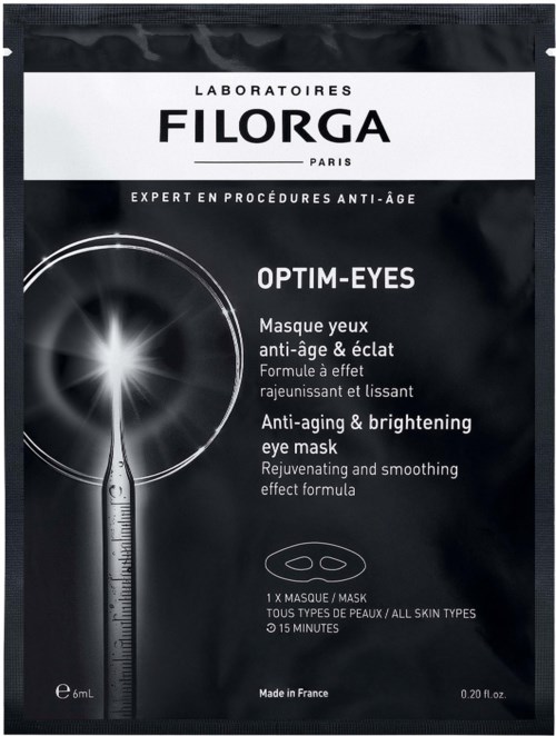 Black packaging with white text and a syringe illustration, promoting an anti-aging and brightening eye mask from Filorga.