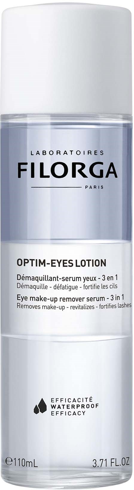 En vit flaska märkt FILORGA Opti- Eyes Lotion för att ta bort ögon makeup, vattentät och 3-i-1, 110ml. Super effektiv.