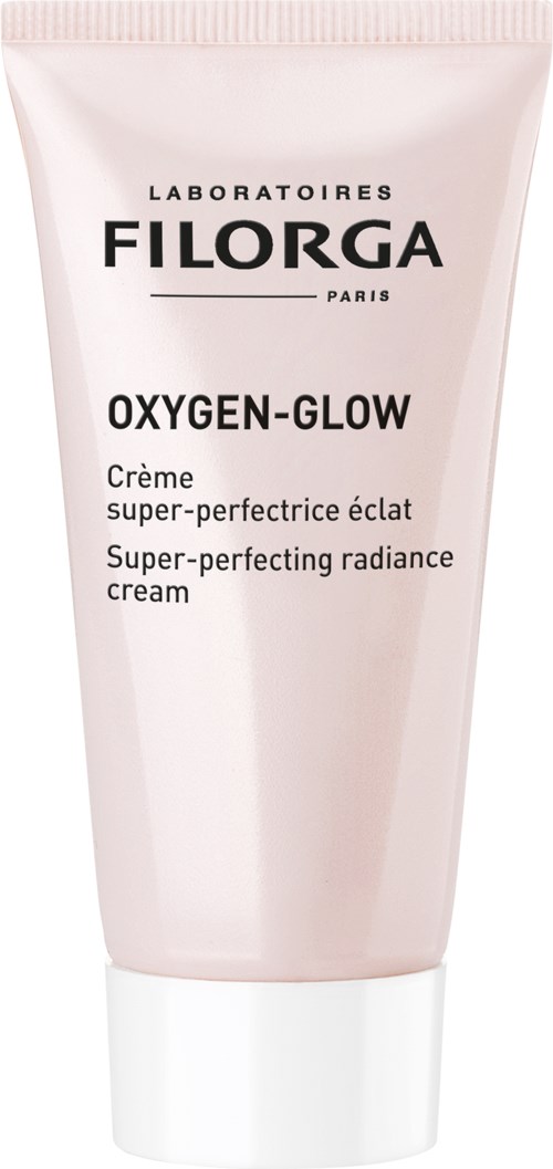 Eine weiße Tube mit Cremeetikett 'Filorga Oxygen-Glow' mit schwarzem Text, steht aufrecht.