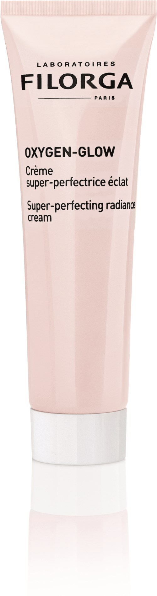 Eine rosa Tube mit Super-Perfektions-Glanzcreme, gekennzeichnet als Filorga Oxygen-Glow. Es hat schwarze und weiße Schrift, einen weißen Deckel und ein elegantes Design.