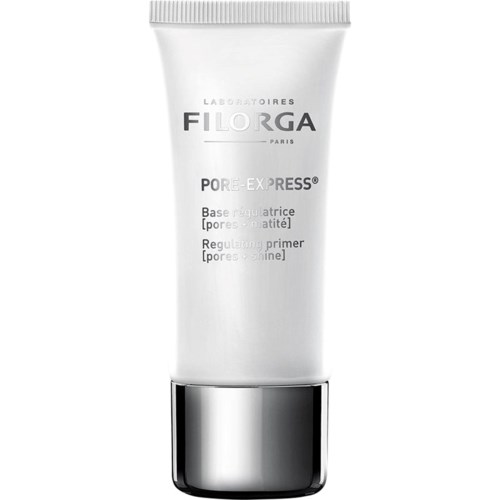 En vit tub med ansiktsprimer med svart text och en silverlock, märkt "Filorga Pore-Ex-Press".