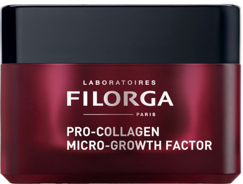 Czerwony słoik kremu Filorga Pro-Collagen Micro-Growth Factor z czarnym wieczkiem.