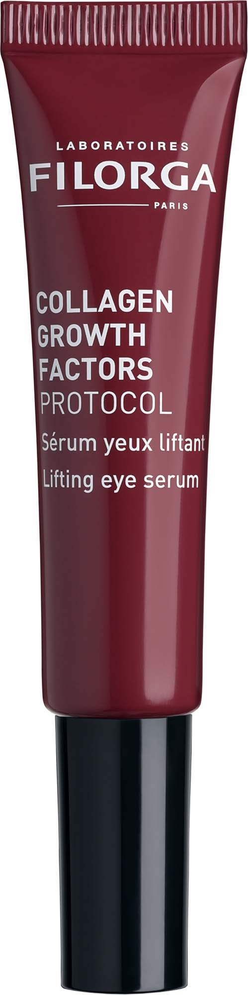 Czerwony tubka z serumem pod oczy Collagen Growth Factors firmy Filorga z czarną nakrętką oznaczoną jako liftingowe serum pod oczy.