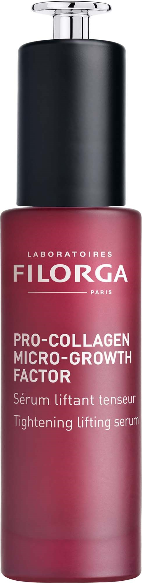 Różowa butelka z czarnym dozownikiem, oznaczona PRO-COLLAGEN MICRO-GROWTH FACTOR od Filorga. To silniejszy liftingujący serum.