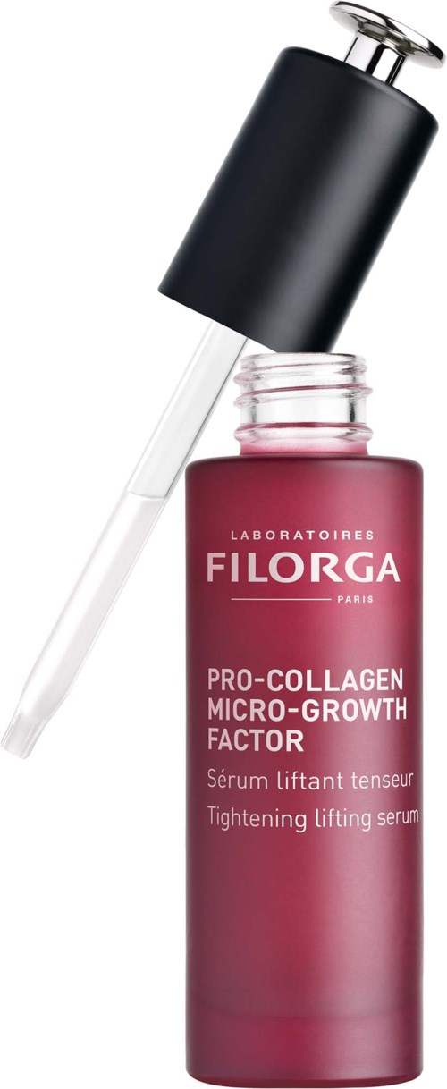 Różowa butelka serum ujędrniającego Filorga Pro-Collagen Micro-Glow Factor z czarnym dozownikiem.