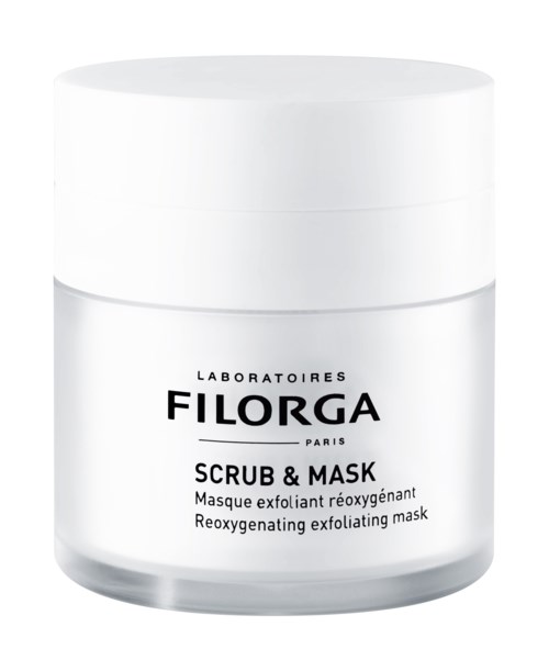 En vit burk med FILORGA skrubb och mask, med svart text och enkel design.