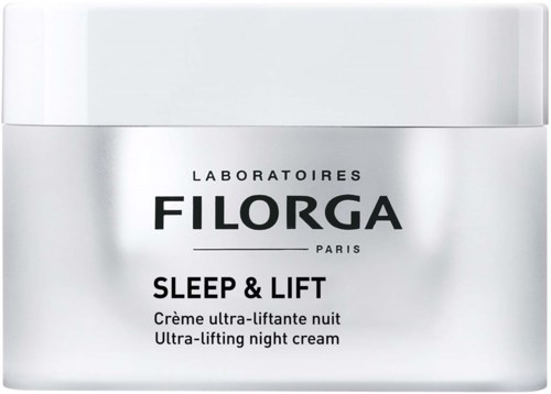 En krukke med Filorga Sleep & Lift nattkrem, hvit beholder med svart tekst, brukt for ansiktsløftning og anti-aldring.