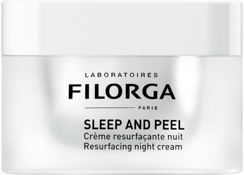 En vit burk med nattkräm med svart text, visar varumärket Filiorga och produktnamnet Sleep and Peel.