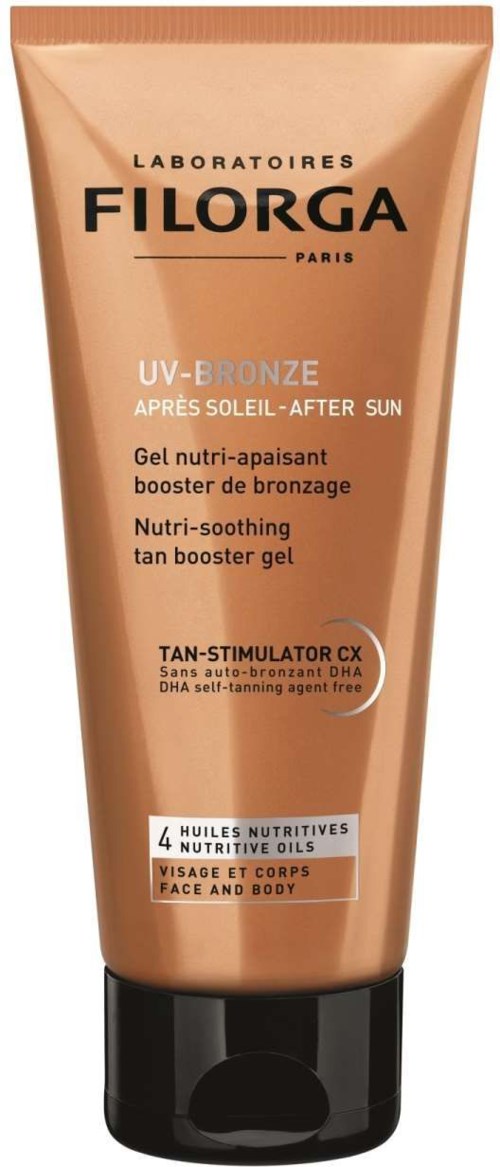 En brun tube med svart og oransje tekst, merket som en UV- og after-sun-broningsgel for ansikt og kropp.
