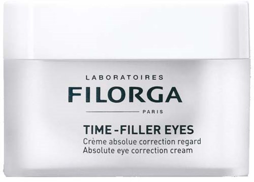 En vit burk märkt 'Filorga Time-Filler Eyes' för ögonkräm, med svart text och enkel design.