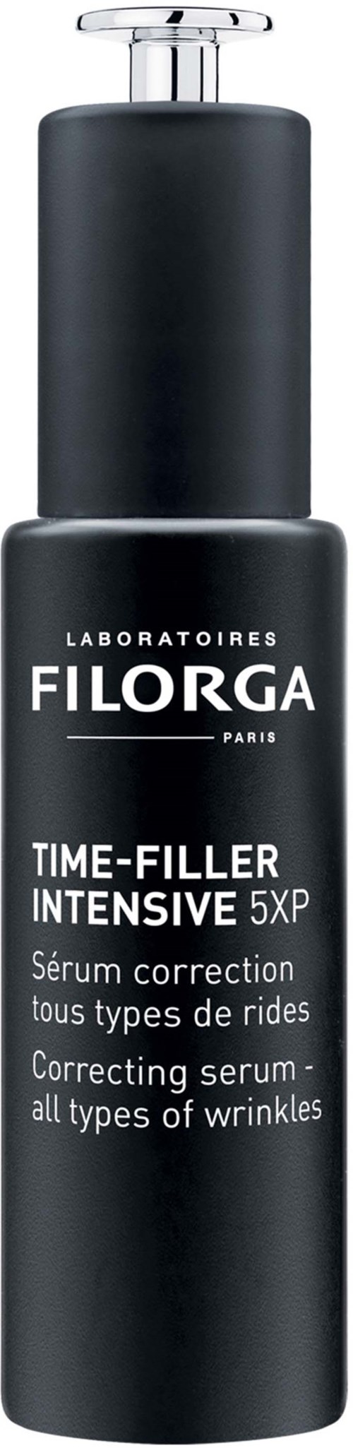En svart flaska med FILORGA Time-Filler Intensive serum för rynkor, med vit text och pump.