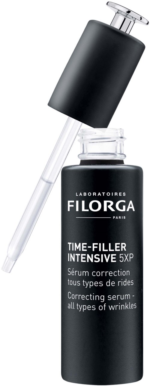 En svart flaska av Filorga Time-Filler Intensive serum med en droppe för applicering.