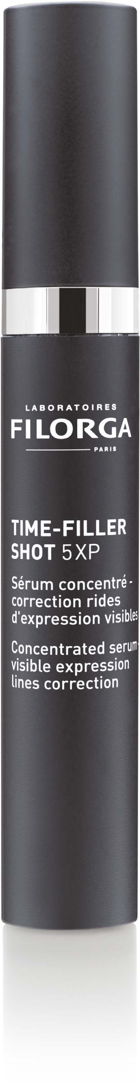 A black cylindrical cosmetic bottle with silver band, labeled Filorga Time-Filler Shot, for wrinkle treatment.