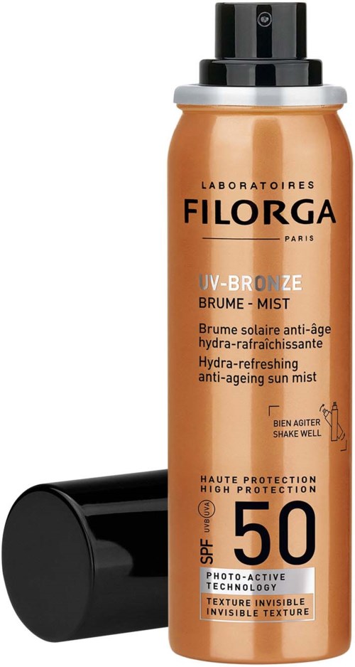En flaska av anti-åldrande solskyddsmedel med SPF 50, kallad Filorga UV-Bronze, svart lock och beige kropp.