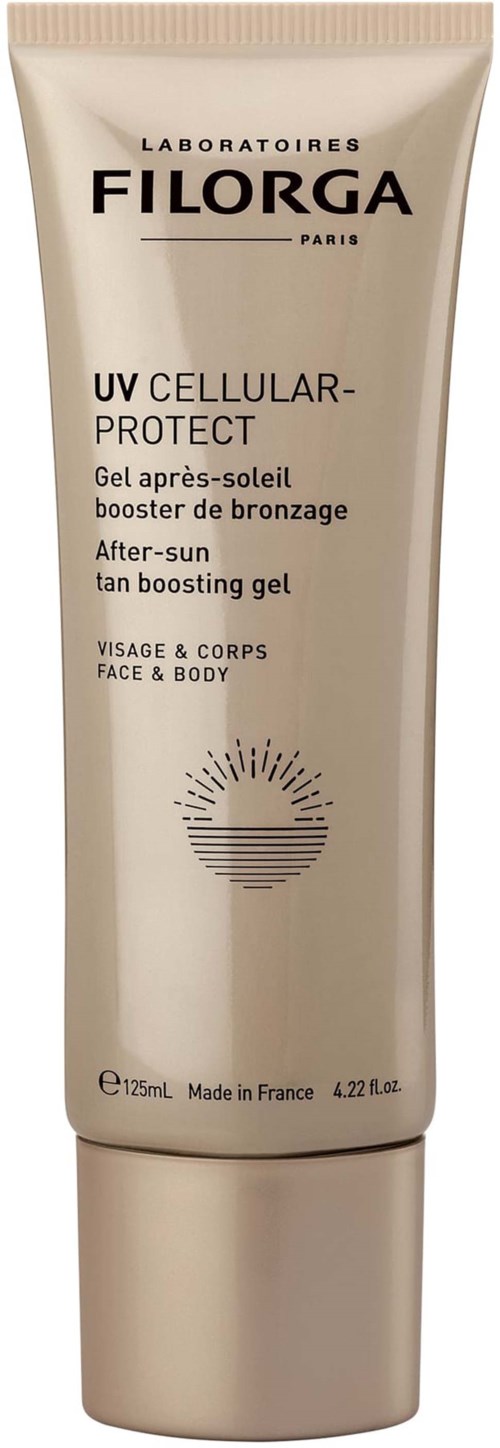 A tube of face and body gel for after-sun tanning boost with SPF protection from Filorga. Simple and elegant design.