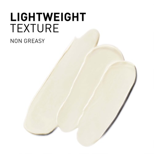 A skincare product with lightweight, non-greasy texture, shown as three smooth, white strips on a white background.