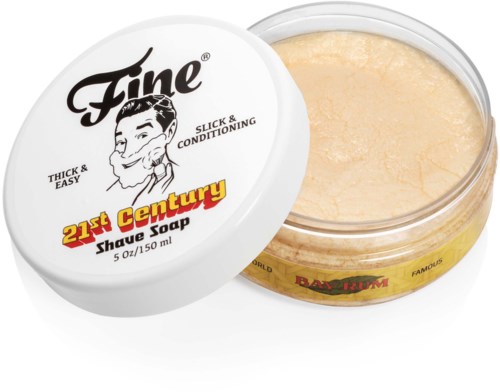 En beholder med 21st Century barberkostshave med etikette, der viser et vintage-stiliseret tegneserieansigt og tekst.