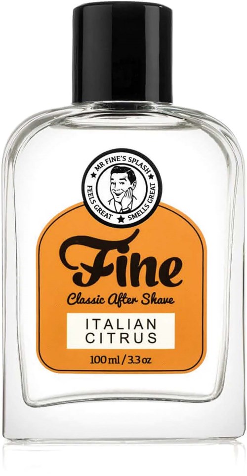 A clear bottle with black cap labeled 'Fine Classic After Shave Italian Citrus' in orange and white.