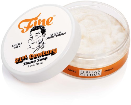 En rund beholder af FINE 21st Century Shampoo med orange og hvid etiket, der viser et vintage ansigt og produktbeskrivelse.