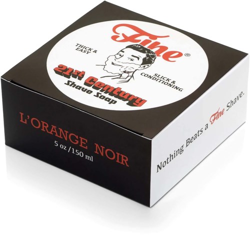 A box of men's shave soap named '214th Century' with a vintage style illustration and slogan.