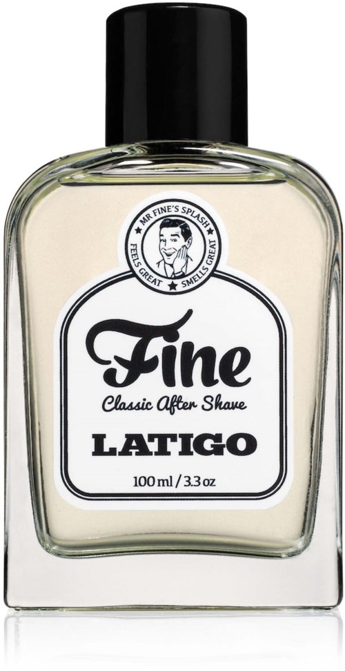 Selkeä lasipullo, jonka korkki on musta, ja etiketti 'Fine Classic After Shave LATIGO', 100 ml.