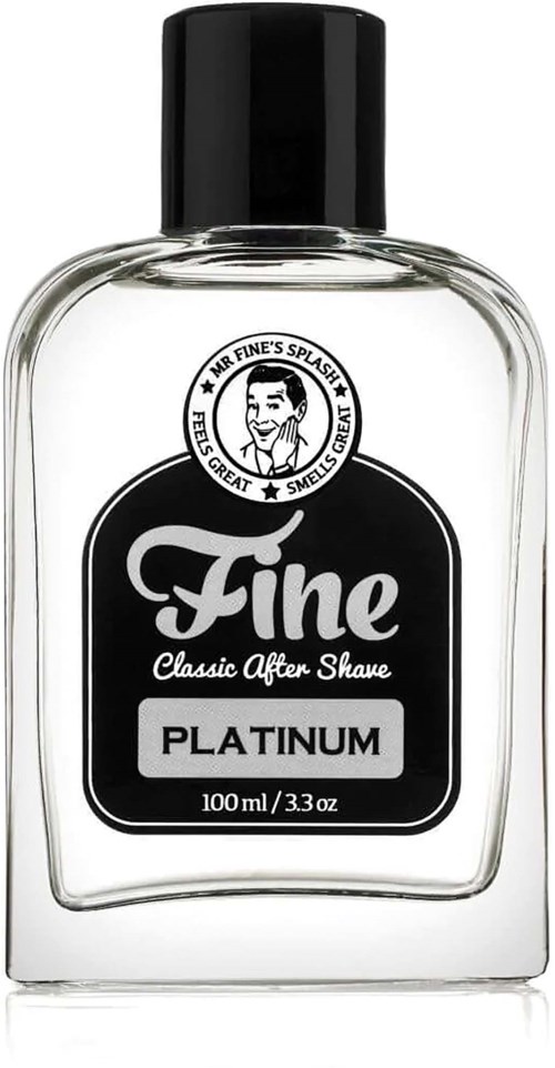 En gennemsigtig flaske med sort låg med titlen 'Fine Classic After Shave Platinum', 100 ml, med sort label og hvid tekst.