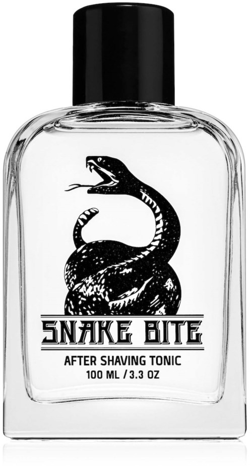 Läpinäkyvä pullo mustalla korkilla, jossa käärmekuva ja teksti 'Snake Bite' ja 'After Shaving Tonic.'