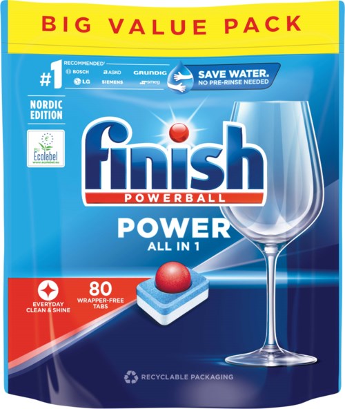 A blue box of Finish Powerball dishwasher tablets. Features a glass and a red ball image. Emphasizes value pack and eco-friendly packaging.