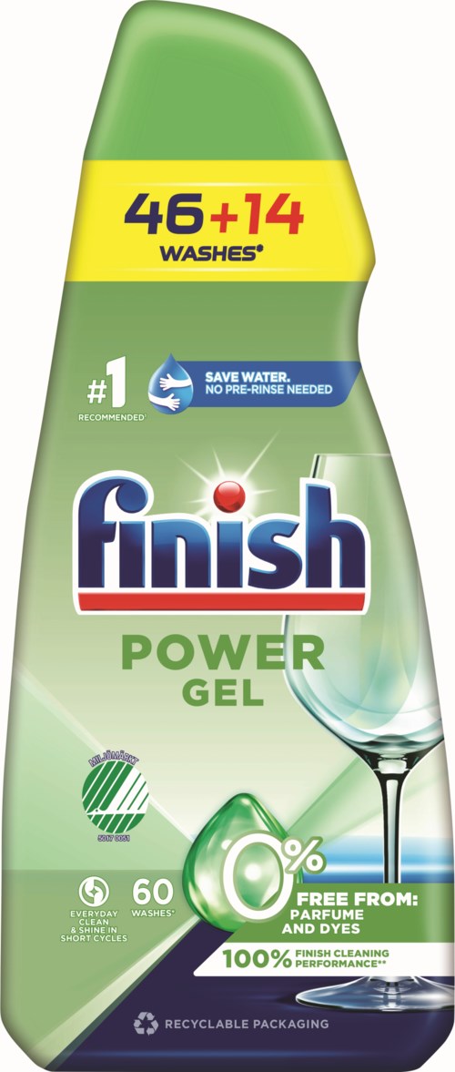 Green bottle of Finish Power Gel dishwashing soap with 60 washes, free from perfume, dyes, and phosphates, highlighting water saving.