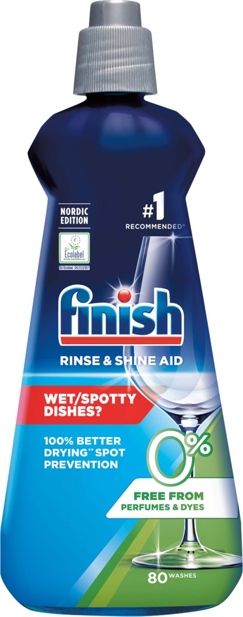 Blue bottle of Finish rinse and shine aid with spray nozzle, claims to prevent spotty dishes, contains 80 washes.
