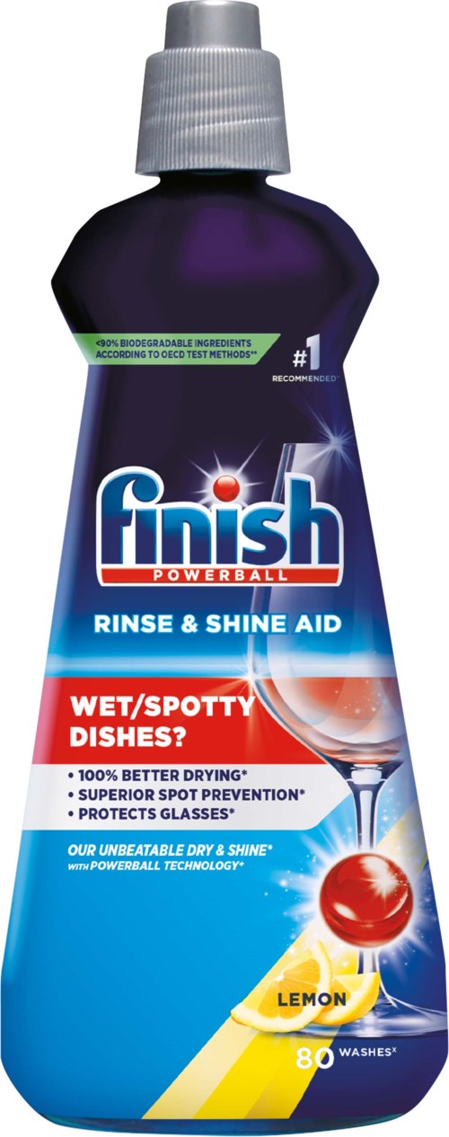 Purple bottle with a grey cap, label says Finish Powerball rinse aid with lemon scent, 80 washes. Features glossy glass and a cherry.