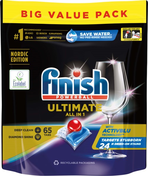 Rengöringsprodukt för Finish Powerball Ultimate med aktiv teknik, riktar sig mot envisa torkade fläckar och innehåller 24 tabletter.
