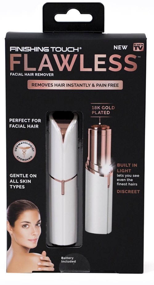 Facial hair remover device with built-in light, 18K gold plating, battery included, designed for all skin types.