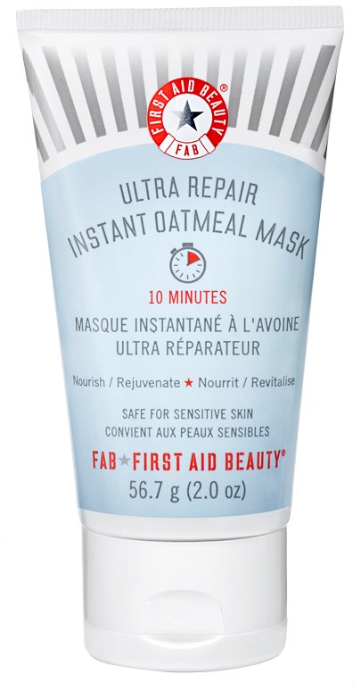 En tube med ansiktsmaske merket 'Ultra Repair Instant Oatmeal Mask,' nevner at den tar 10 minutter og er trygg for sensitiv hud.